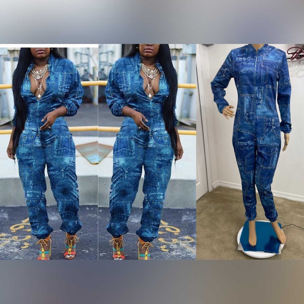 New! Stretchy Denim Print Design Zip Up Jumpsuit